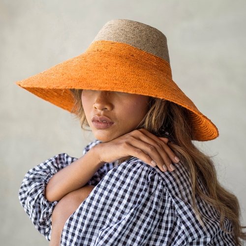 Riri 'Duo' Jute Hat - Bold Maroon and Red Design Wide-Brim Vacation Hat Handmade in Bali Sustainable Fashion Jute Hat for Sun Protection Ethically Made Packable Jute Hat for Travel Stylish Tropical Hat with Sculpted Crown and Sun Shielding Brim