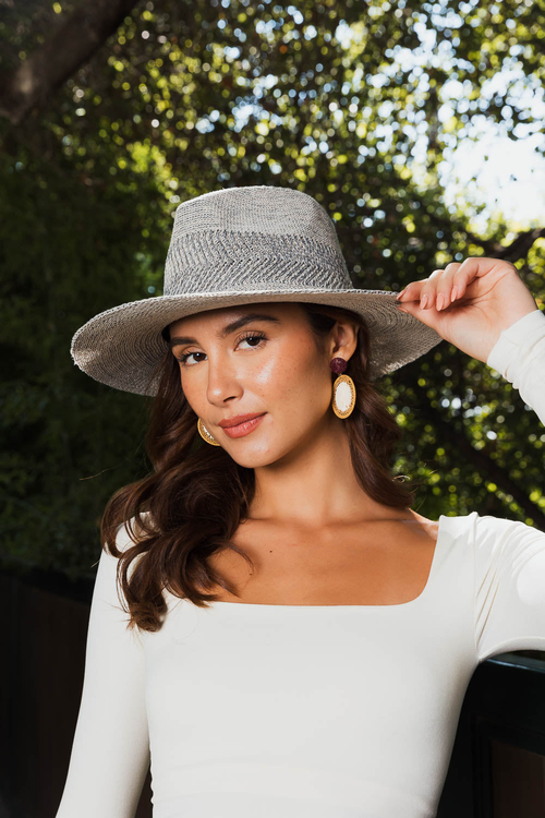 Wide Brim Pinched Front Hat in natural color Boho Travel Hat - Side View in Grey Close-up of Pinch Crown Detail Stylish Wide Brim Hat for Sun Protection Adventure Travel Hat in Natural Color