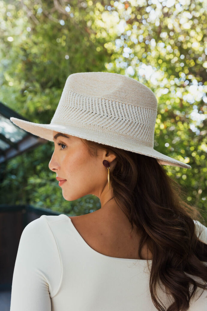Wide Brim Pinched Front Hat in natural color Boho Travel Hat - Side View in Grey Close-up of Pinch Crown Detail Stylish Wide Brim Hat for Sun Protection Adventure Travel Hat in Natural Color