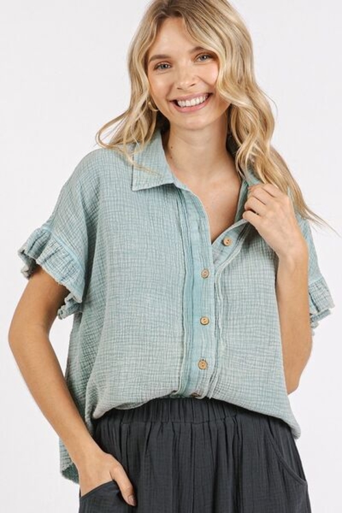 Softly Faded Blue Button-Down Shirt with a vintage-wash finish and relaxed fit Breathable cotton button-down for casual and dressy occasions Feminine flounce sleeve shirt, perfect for effortless, stylish outfits Lightweight long sleeve shirt, ideal for layering or wearing solo Timeless mineral-washed button-down, designed for comfort and style